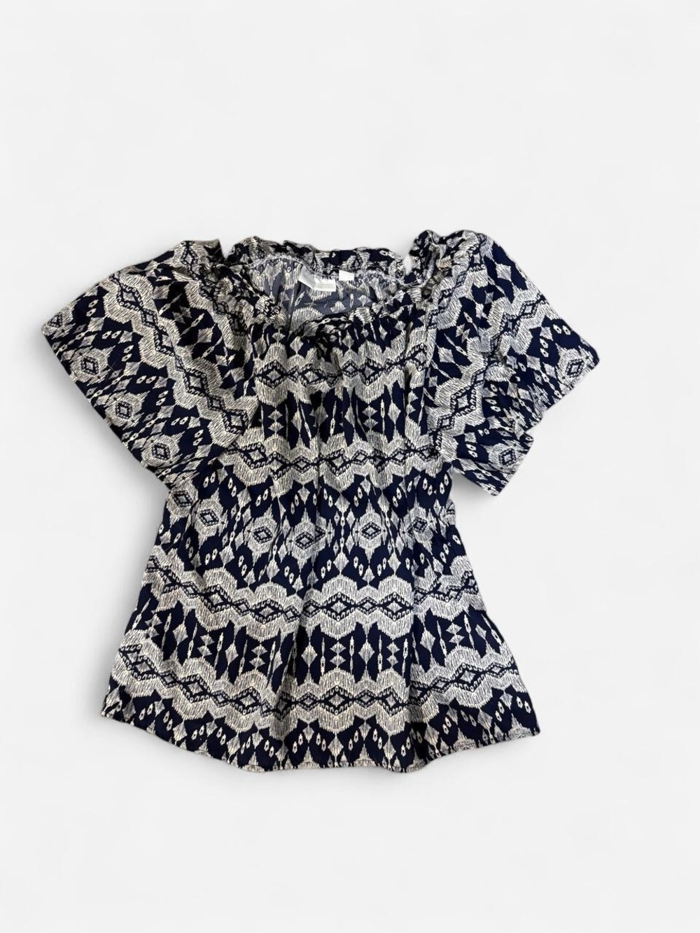 New York & Company Navy and White Geometric Short-Sleeve Top